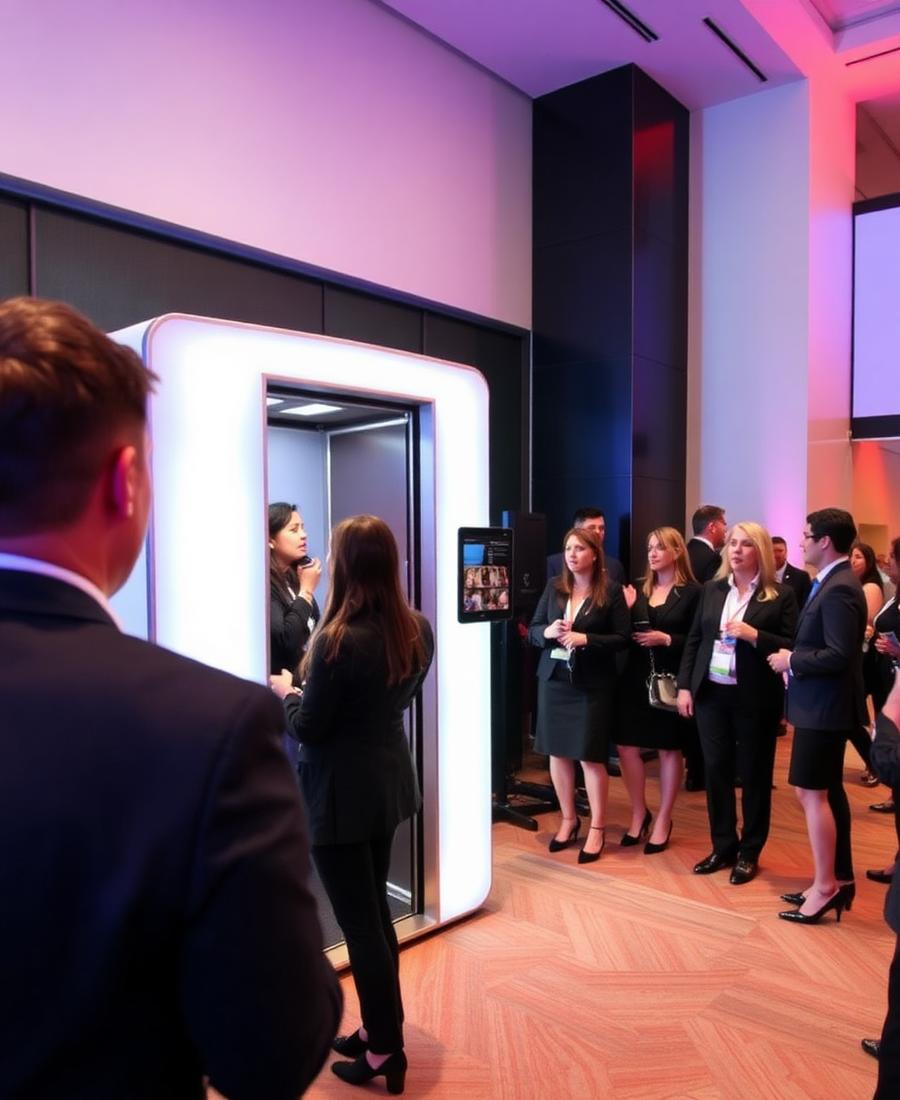 Corporate event guests lining up at a photo booth