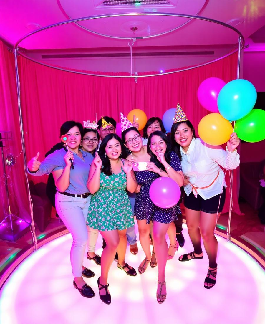 Guests with balloons and props on a 360 photo booth