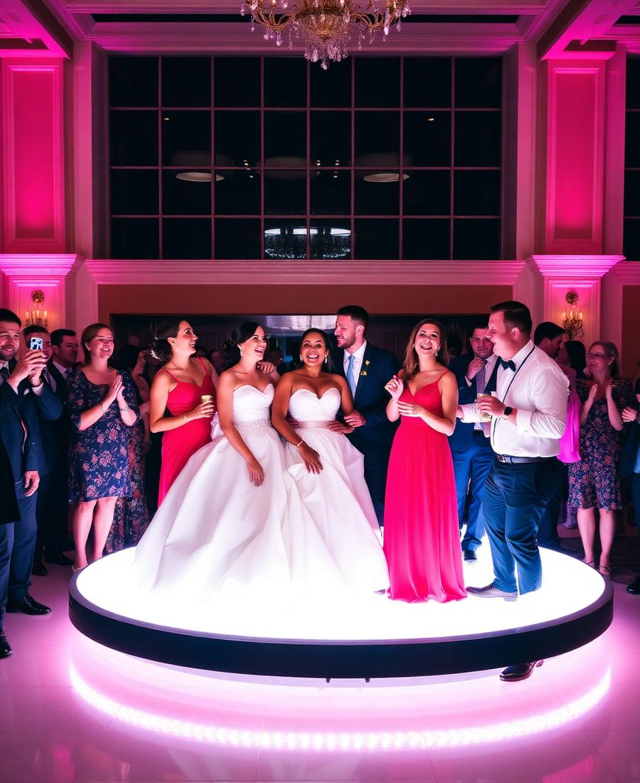Wedding party celebrating on a lit 360 photo booth platform